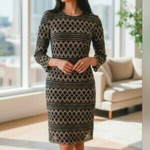 Cache Cocktail Sheath Dress Womens Medium Black Gold 3/4 Sleeve Knee Length Knit